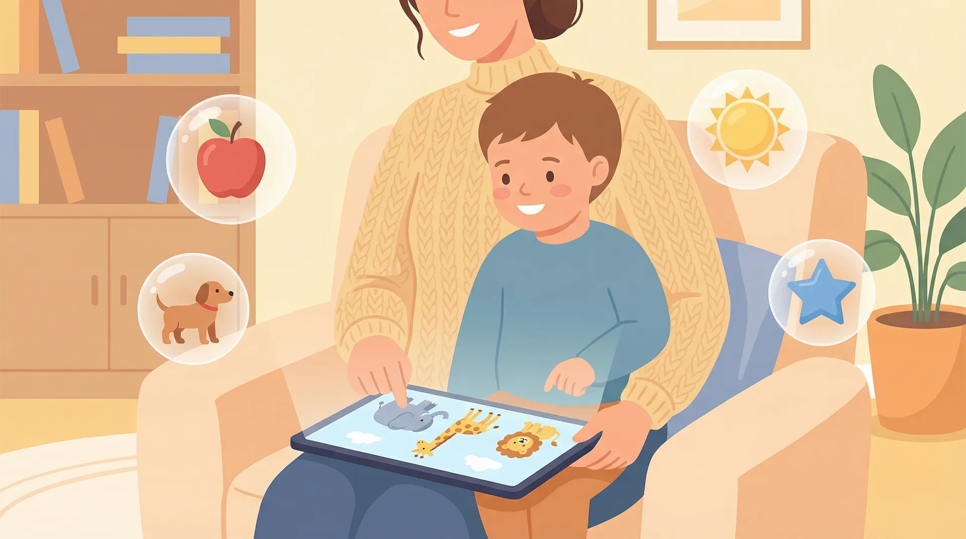 Toddler learning English on a tablet with parent