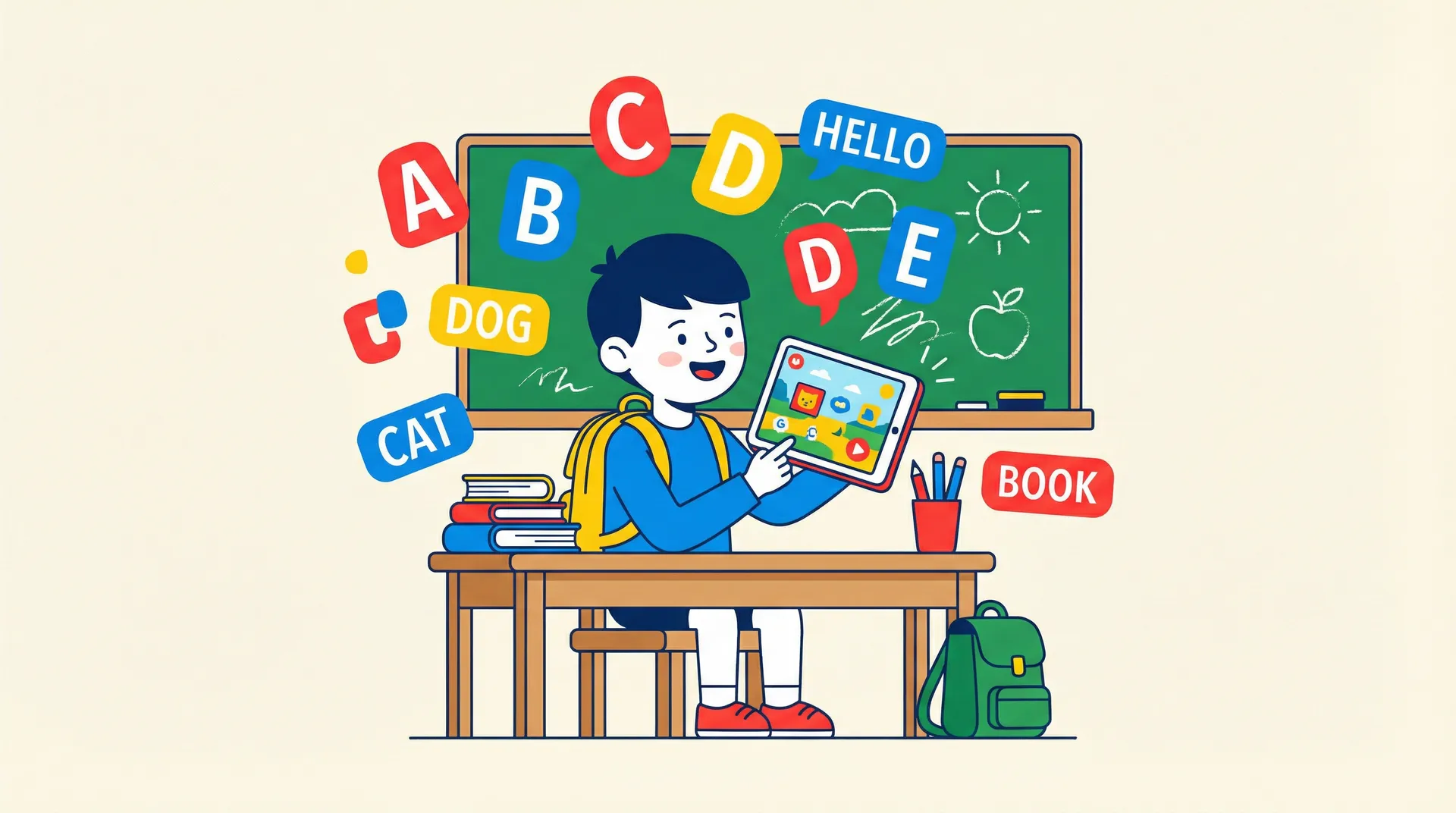 Child at school desk using English learning app
