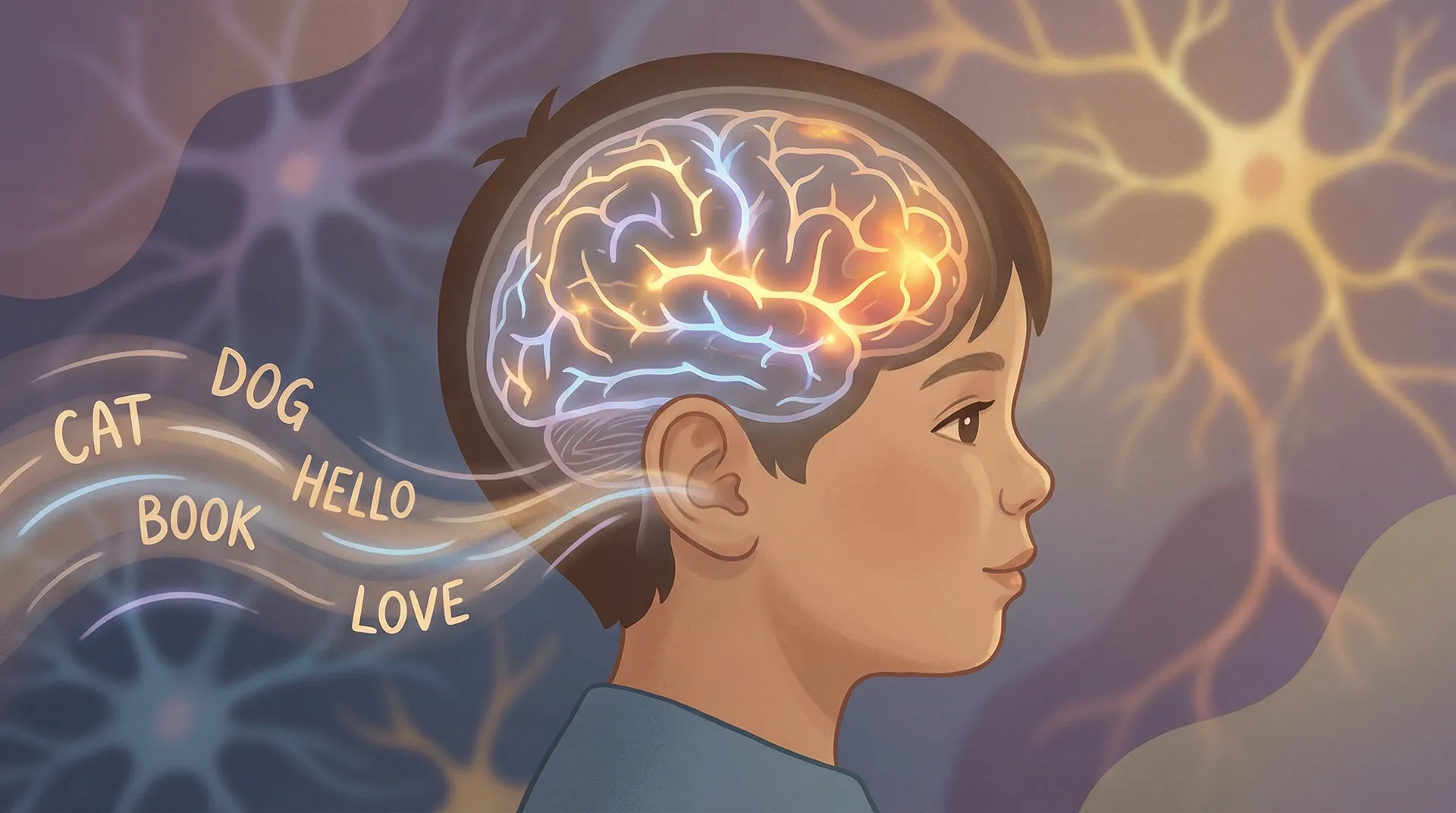 Child brain learning language illustration