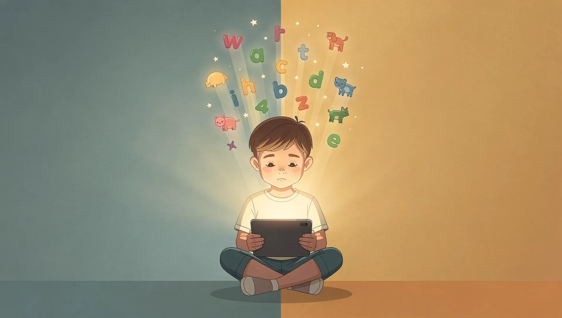 Child using educational tablet with warm glow