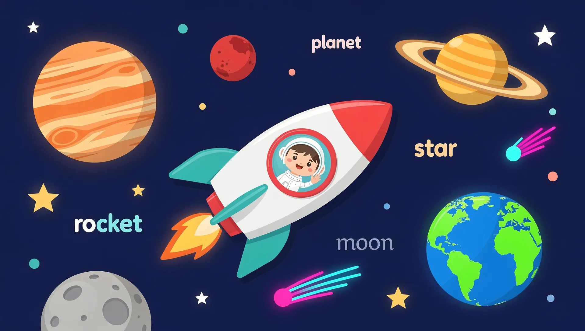 Kids learning space vocabulary words