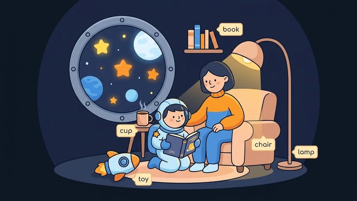 Building an English-rich home - a cozy space home with English word labels on everyday objects and a parent reading with a child