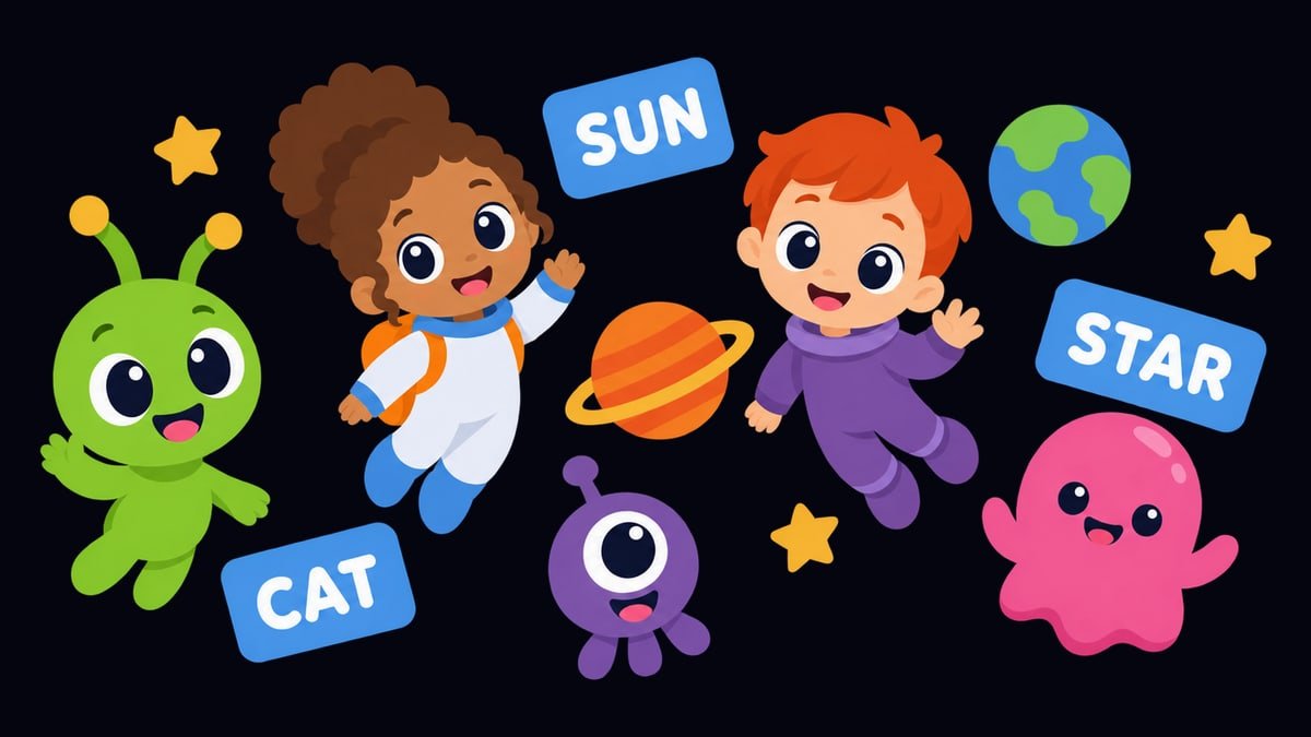 Learning English with Small Universe: kids with holographic word cards near planets