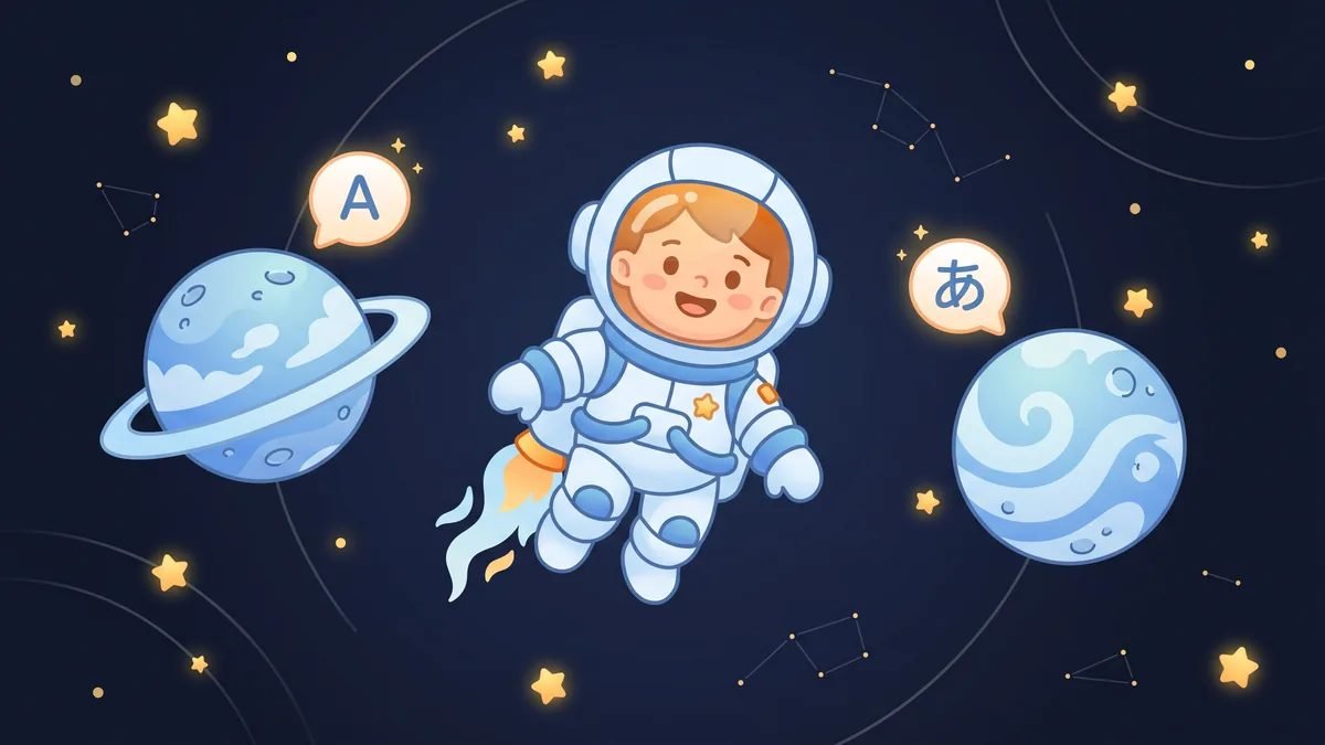 How to raise a bilingual child at home - a smiling cartoon child astronaut between two friendly planets that represent two languages