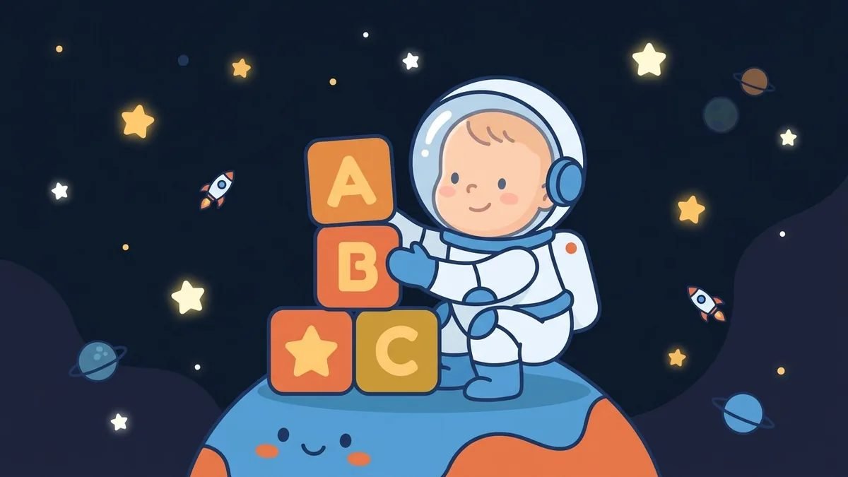 How to teach English to a 2-3 year old - a smiling toddler astronaut stacking alphabet blocks on a friendly planet