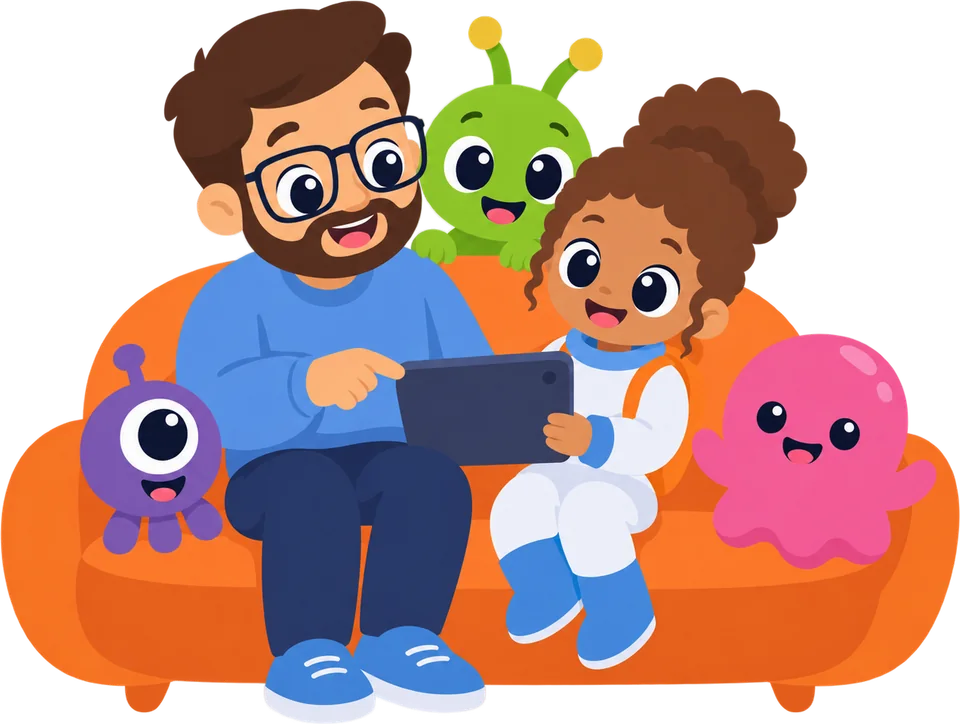 A father and daughter share a tablet on a floating sofa while Zorp peeks over the back