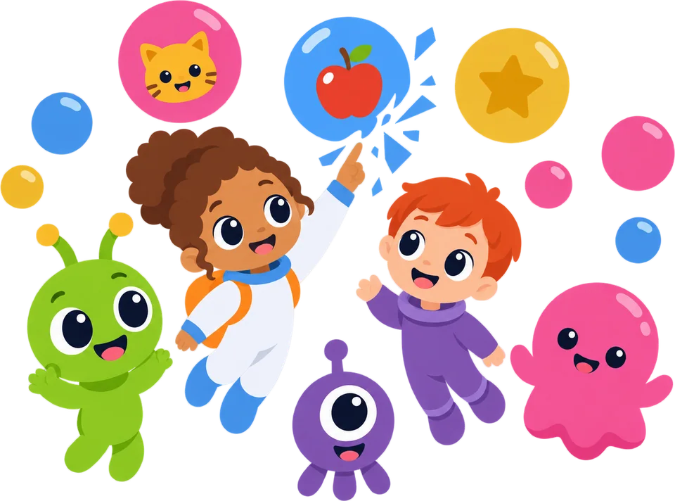 A child pops picture bubbles while Zorp the alien cheers